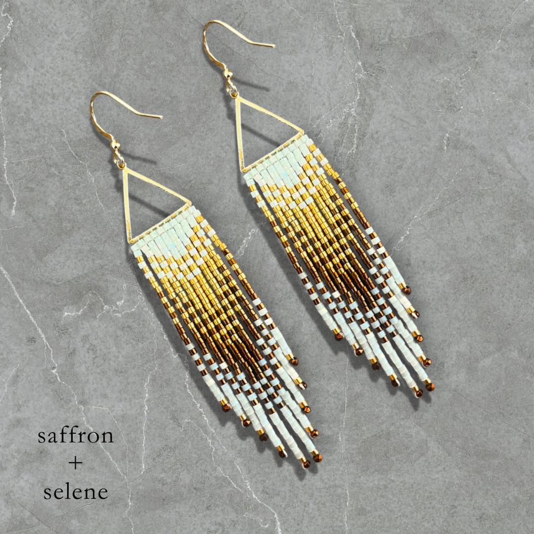 Handwoven Seed Bead Fringe Earrings – Ombre Gold, Bronze, White Statement Jewelry