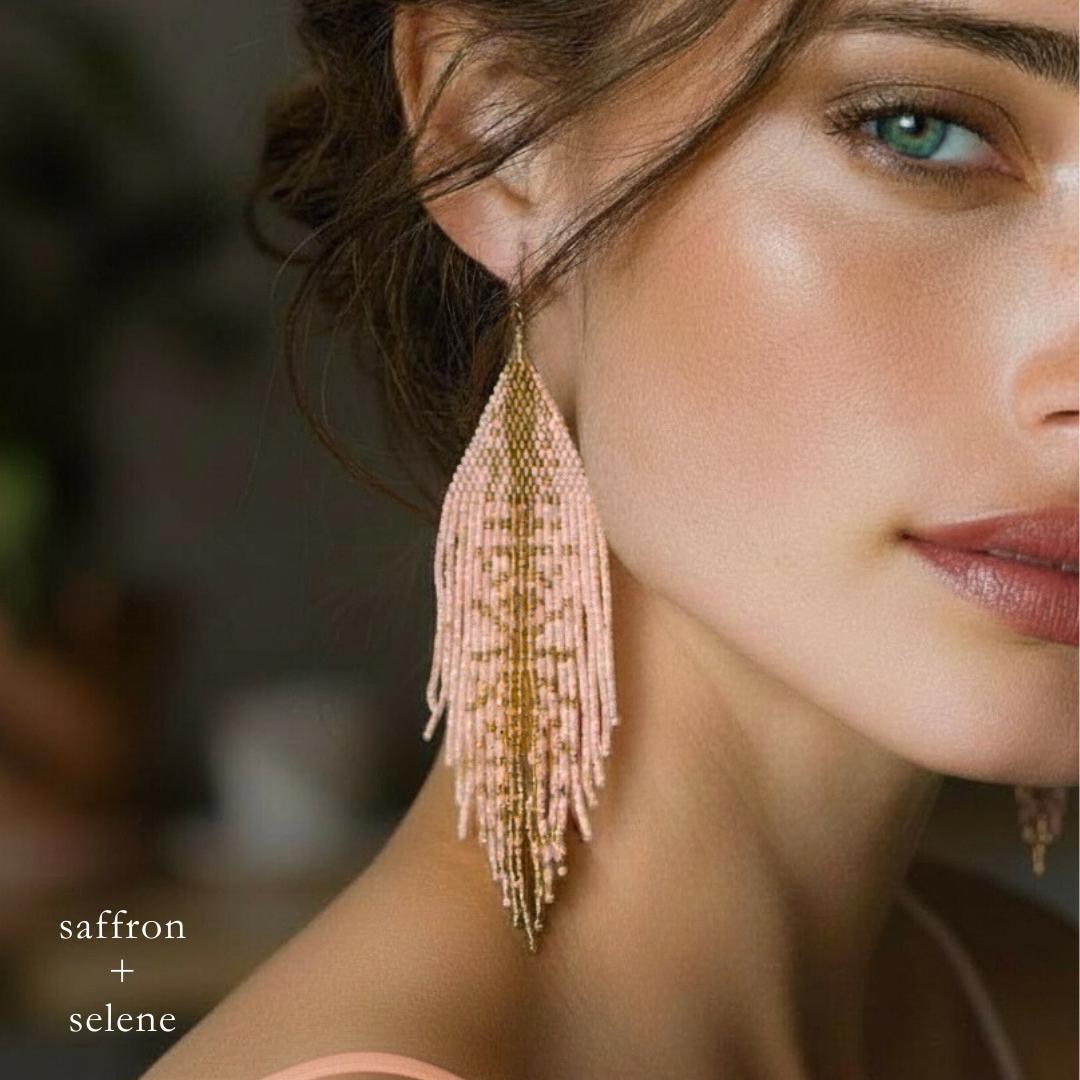 Handmade Pastel Apricot Seed Bead Fringe Earrings – Metallic Gold Accents, Boho Statement Jewelry