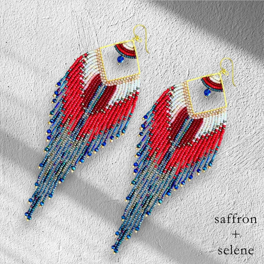 Patriotic Fringe Earrings – Red White Blue Seed Bead Dangles, USA Jewelry