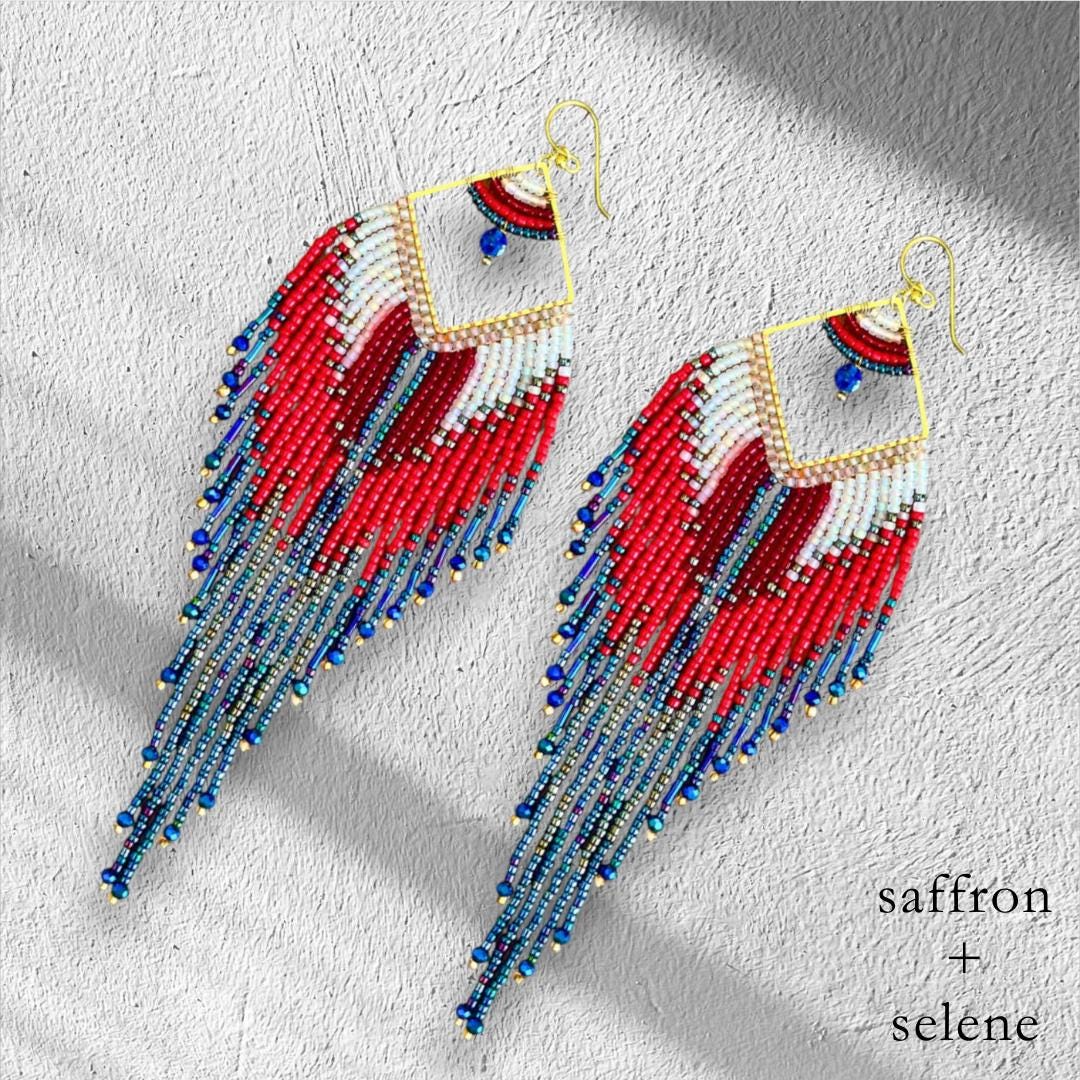 Country concert earrings with flowing red white and blue seed bead fringe