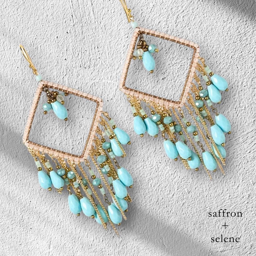 Boho Turquoise & Gold Beaded Chandelier Earrings | Handmade Dangle Jewelry | Festival Summer Gifts for Her