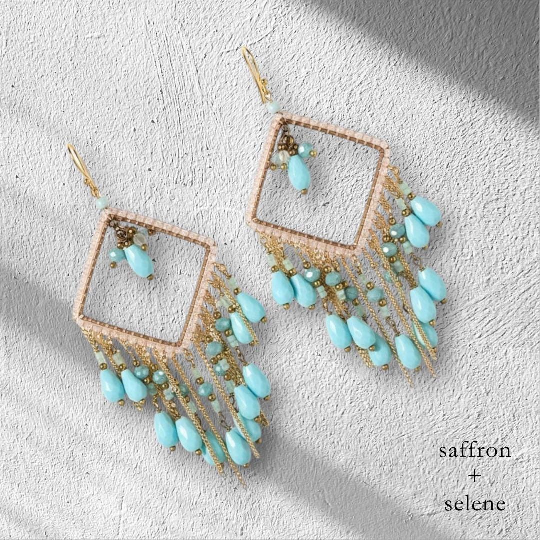 Boho Turquoise & Gold Beaded Chandelier Earrings | Handmade Dangle Jewelry | Festival Summer Gifts for Her