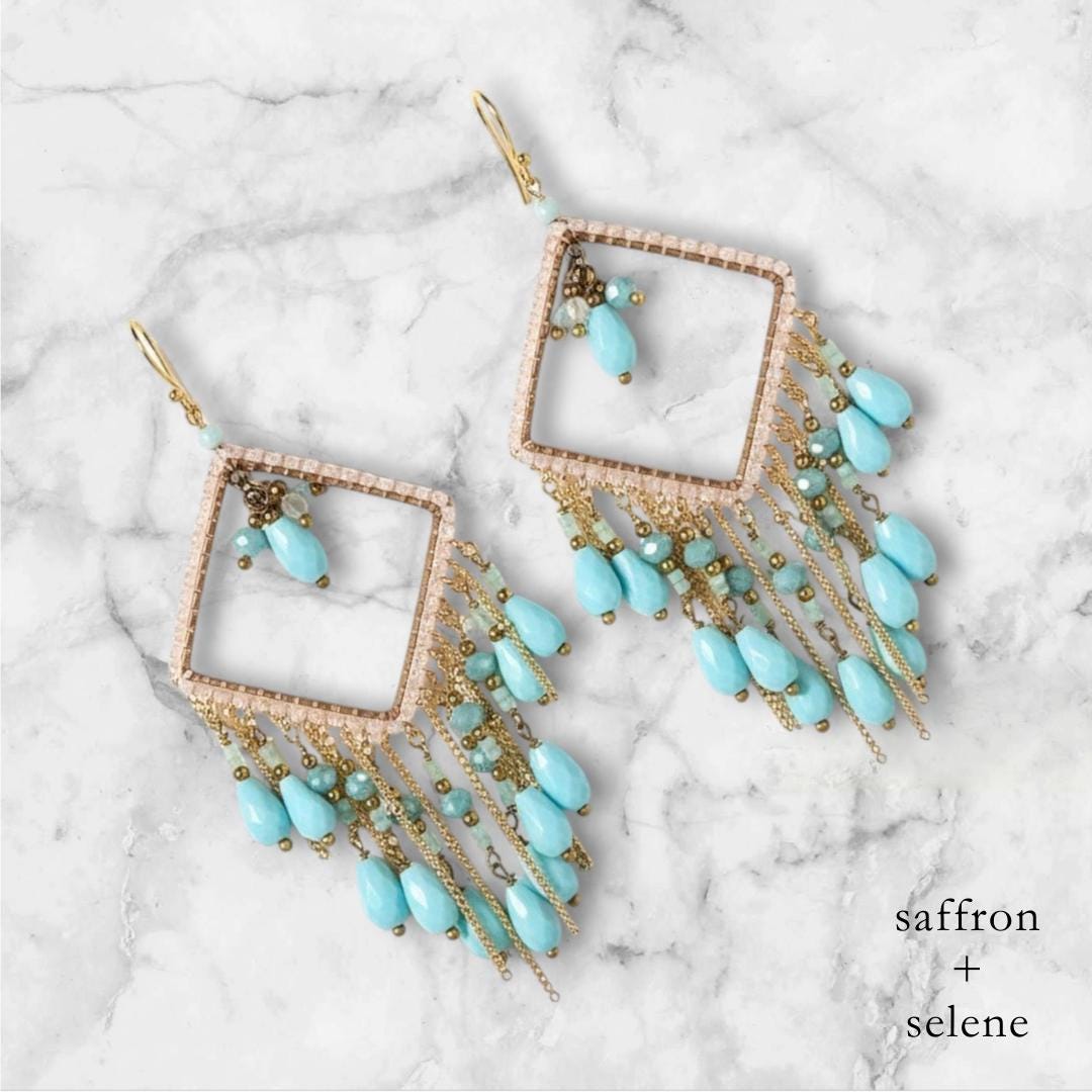 Boho Turquoise & Gold Beaded Chandelier Earrings | Handmade Dangle Jewelry | Festival Summer Gifts for Her