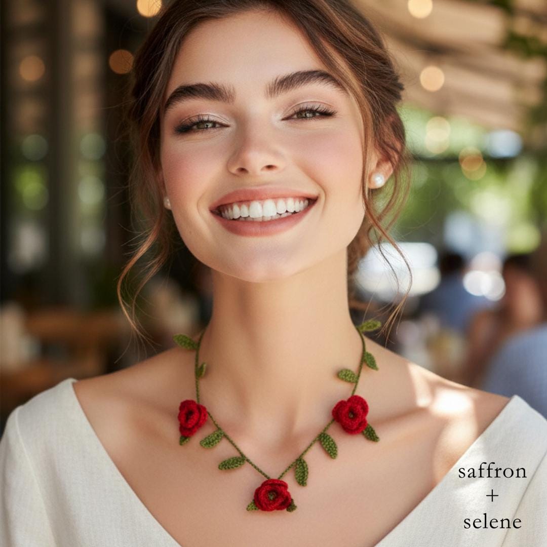 Handmade Micro Crocheted Red Rose Necklace | Unique Jewelry Gift for her