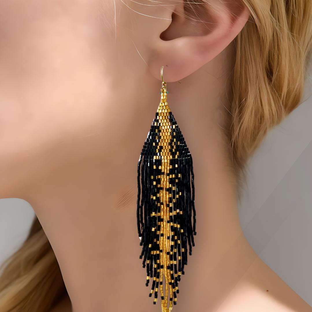 Black and Gold Beaded Fringe Earrings: Handmade Holiday Statement Jewelry gifts for her