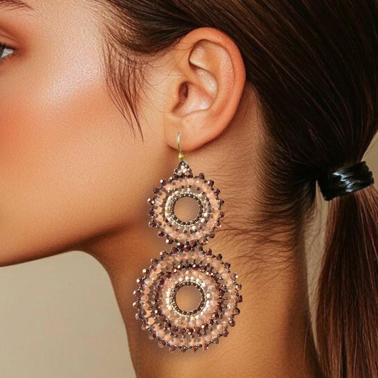 Beaded Crystal Statement Earrings | Handmade Boho Jewelry gifts for her in Bronze and Blush