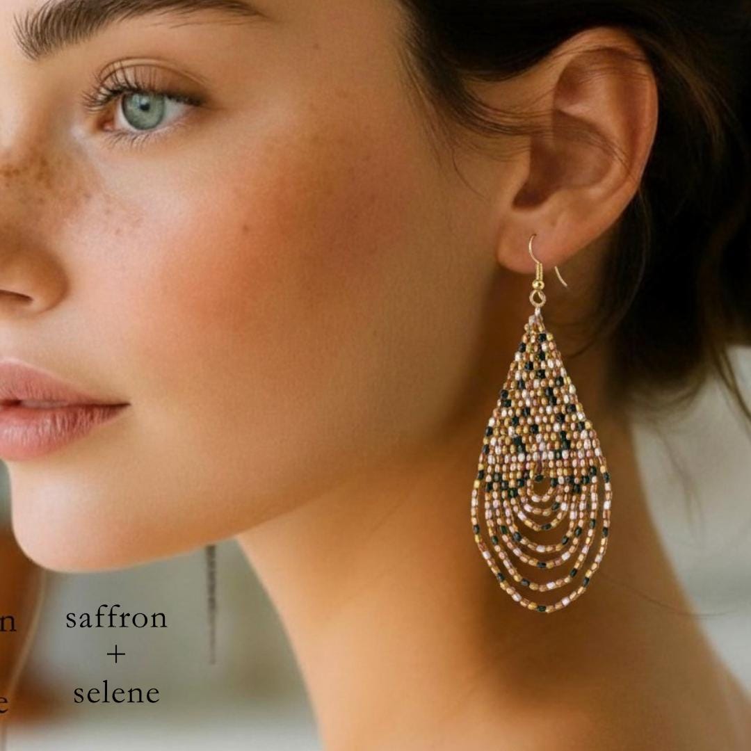 Rose Gold Beaded Dangling Earrings: Handmade Statement Jewelry, Metalic art deco, jewelry gifts