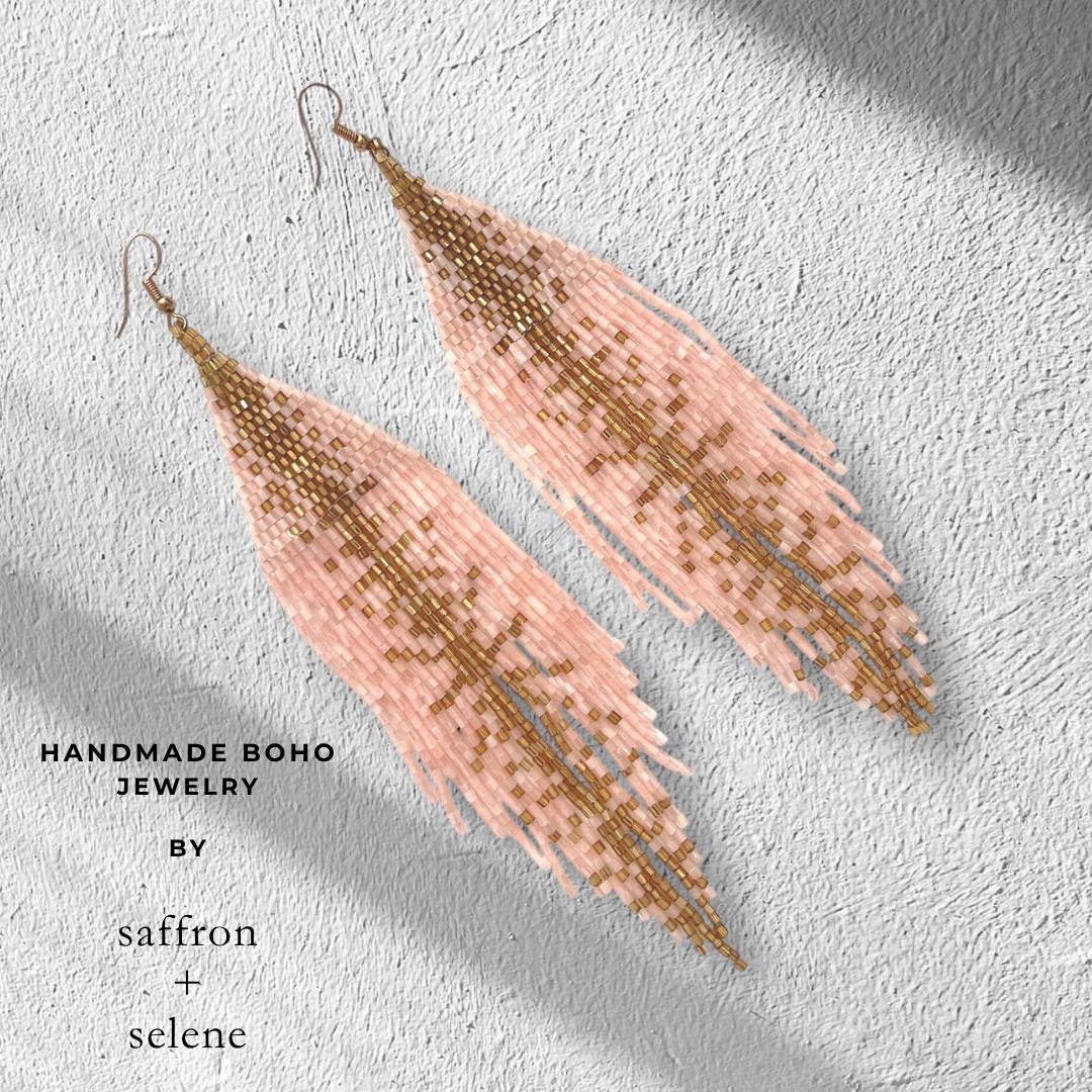 Handmade Pastel Apricot Seed Bead Fringe Earrings – Metallic Gold Accents, Boho Statement Jewelry