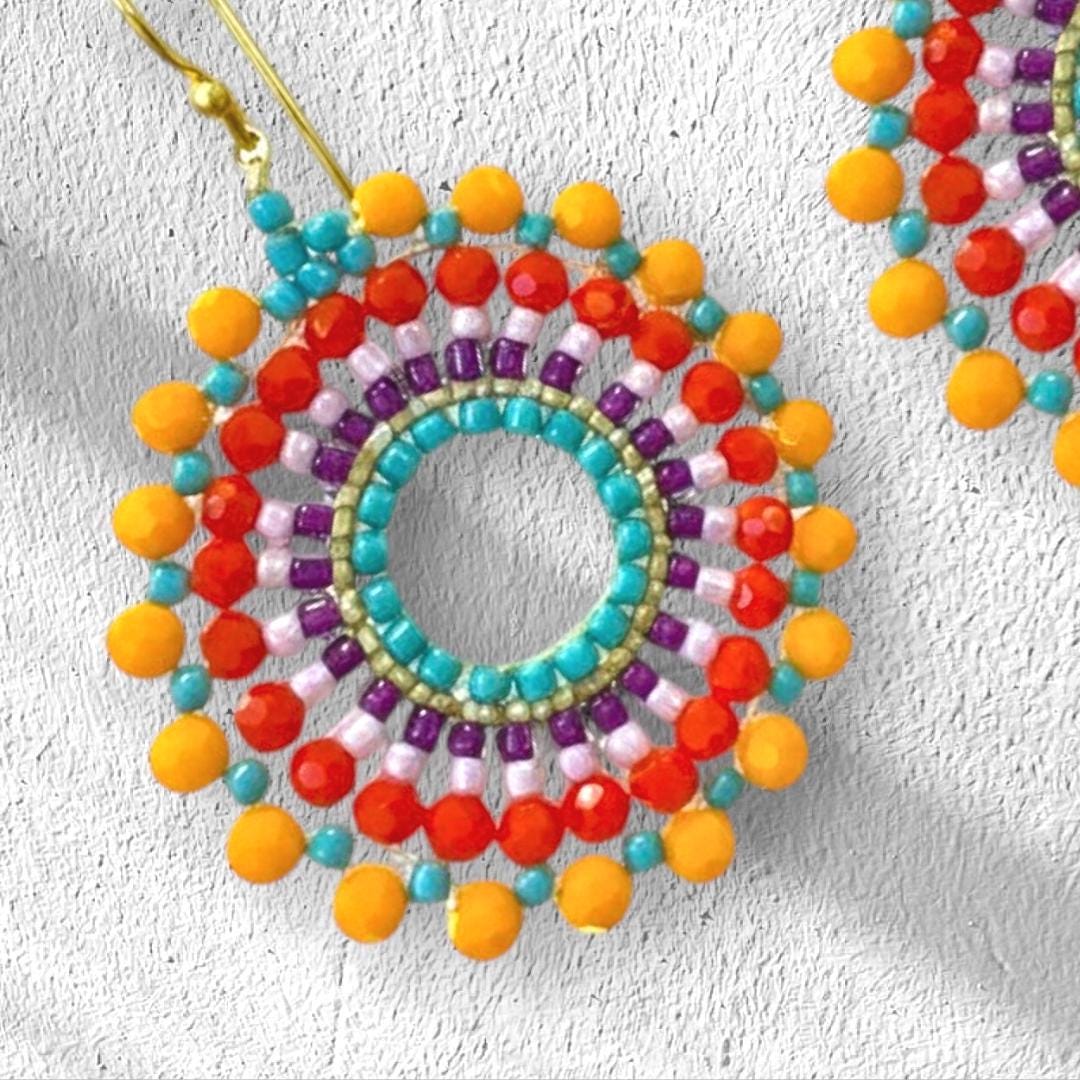 Designer uniquely handmade seed bead drop earrings in rainbow colours, perfect holiday gifting and festive jewelry gifts for women