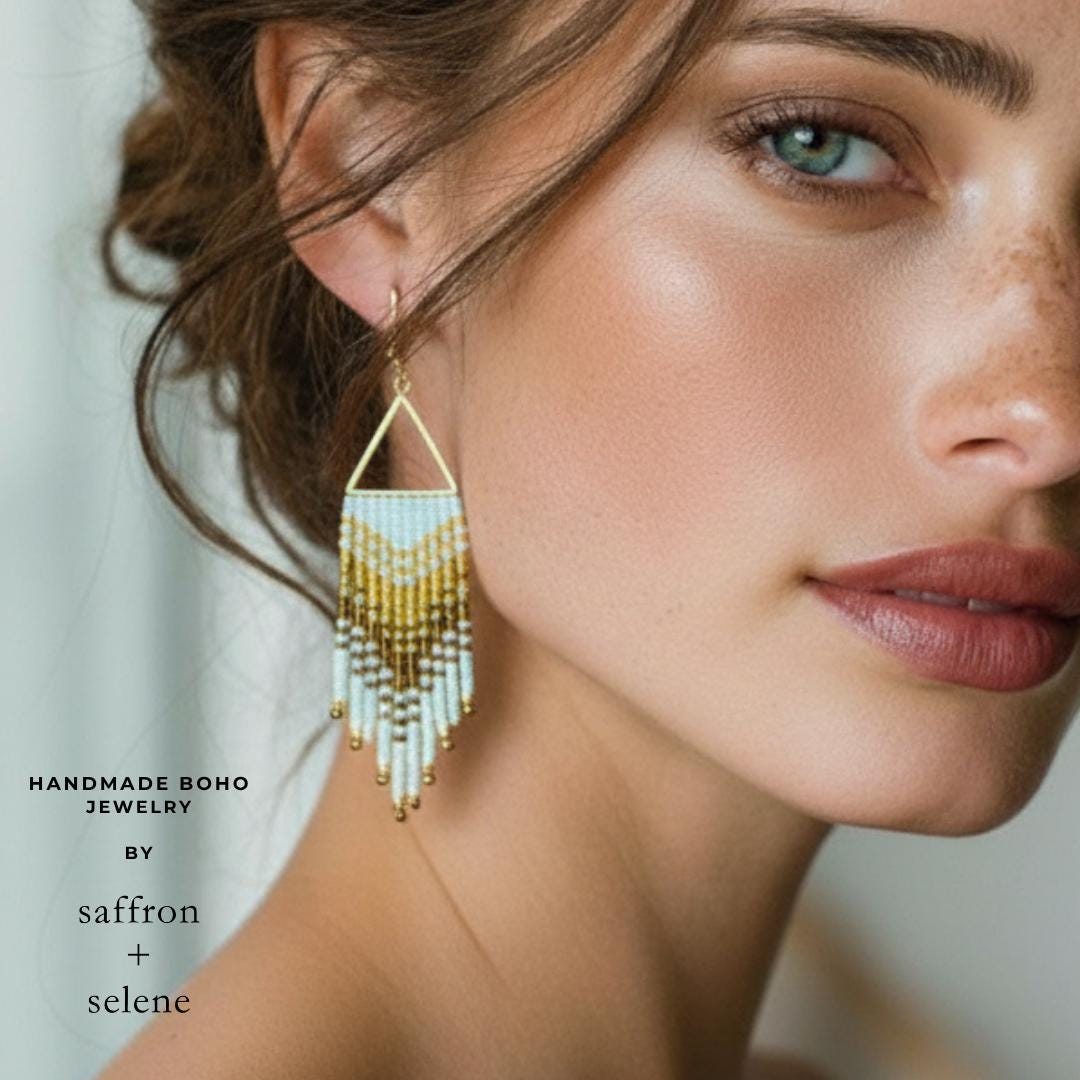 Handwoven Seed Bead Fringe Earrings – Ombre Gold, Bronze, White Statement Jewelry