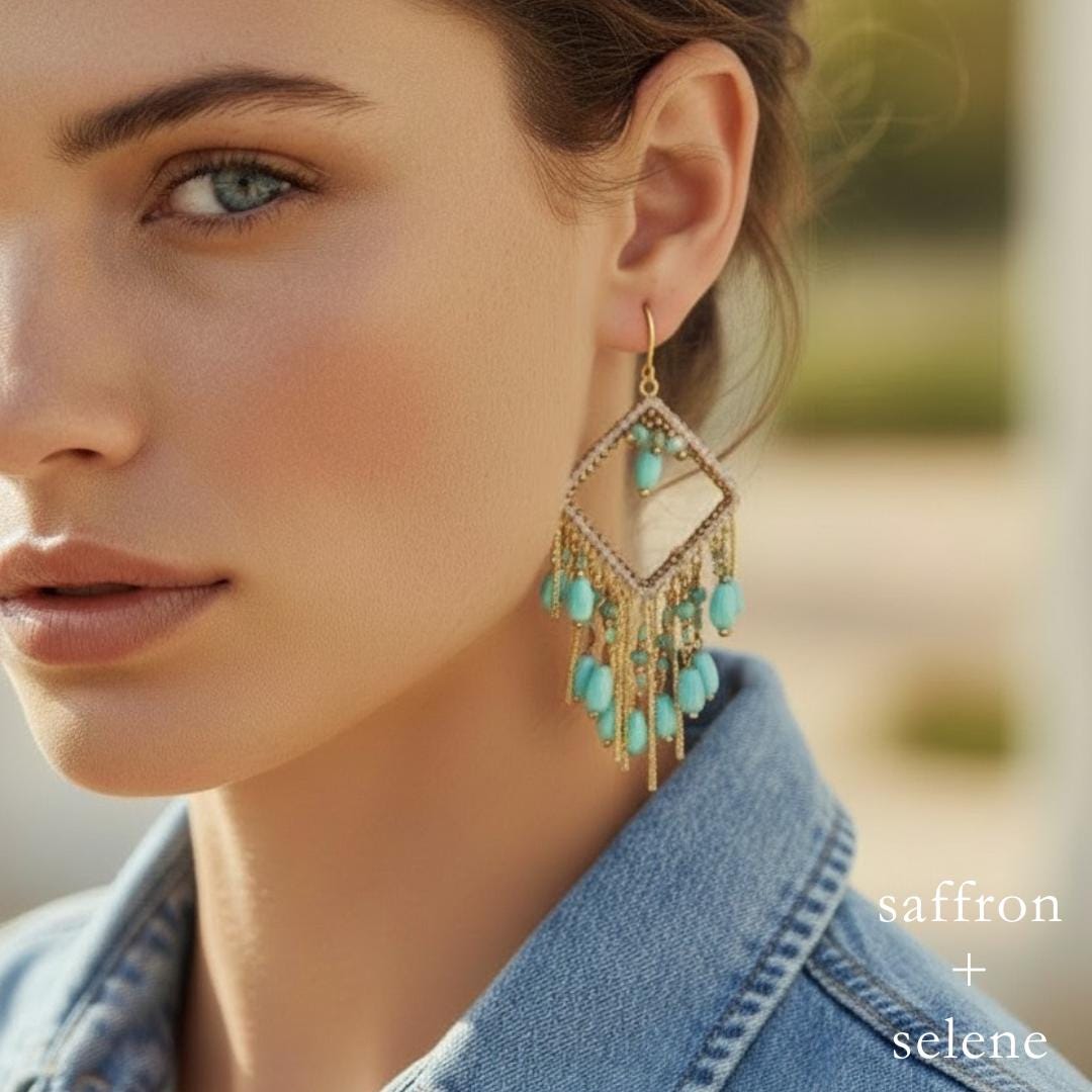 Boho Turquoise & Gold Beaded Chandelier Earrings | Handmade Dangle Jewelry | Festival Summer Gifts for Her