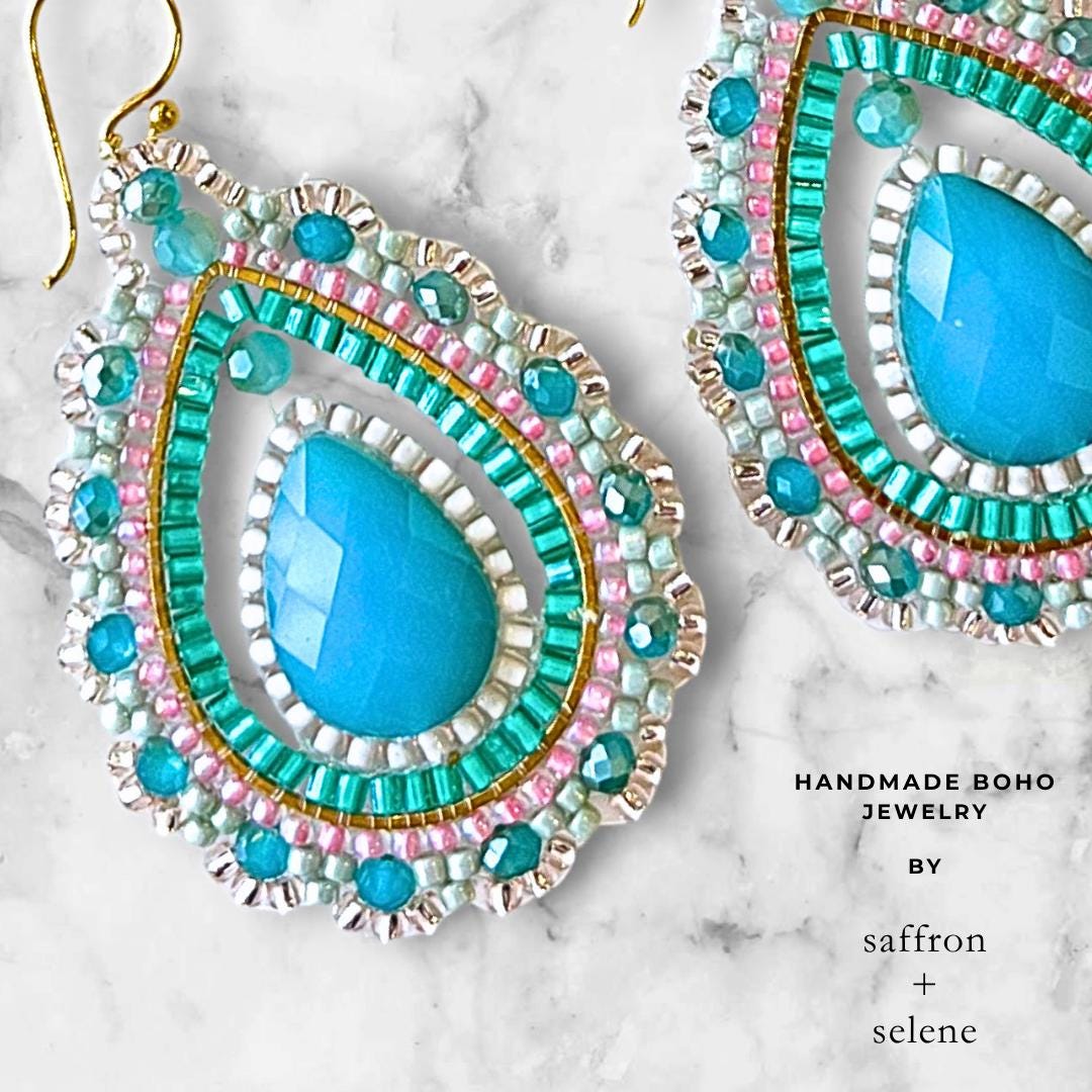 Boho Turquoise Earrings Beaded Teardrop Statement Dangle Summer Jewelry Gift for Her