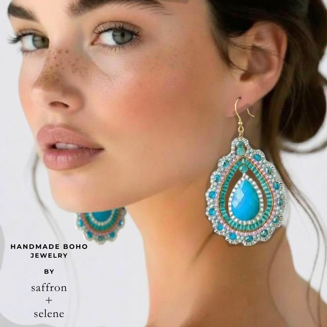 Turquoise Statement Earrings Boho Beaded Drop Teardrop Dangle Gift for Her Summer Jewelry