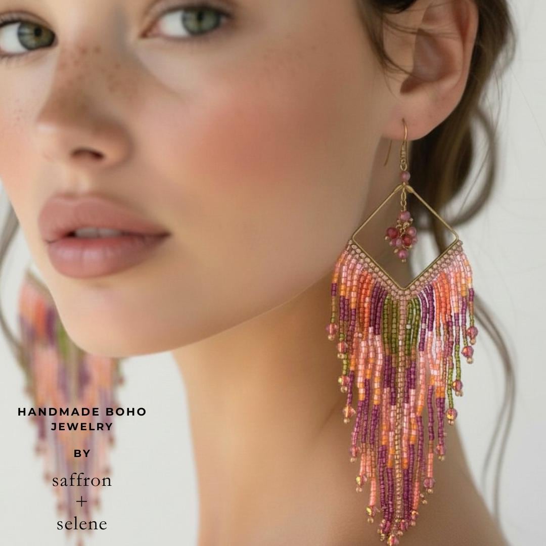 Pink statement earrings handcrafted from seed beads with elegant movement