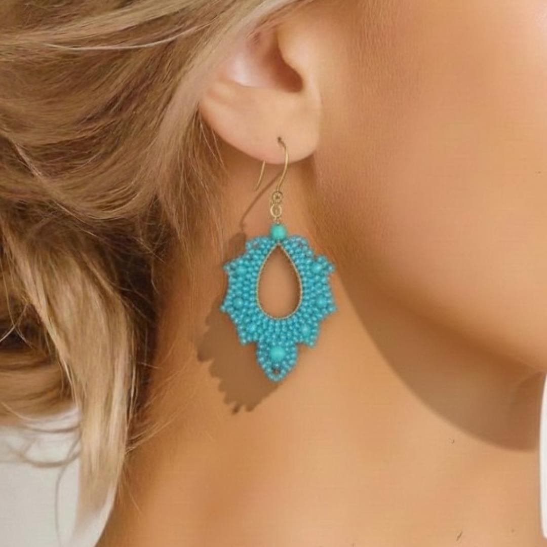 Handmade Turquoise Beaded Drop Earrings: 9k Gold-Plated Boho Jewelry
