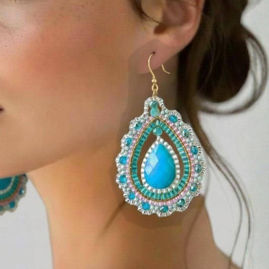 Turquoise Statement Earrings Boho Beaded Drop Teardrop Dangle Gift for Her Summer Jewelry