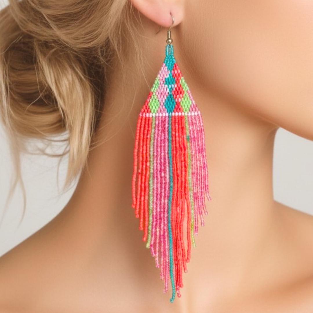 Turquoise Coral Fringe Earrings, Boho Beaded Statement Jewelry, Long Drop Earrings