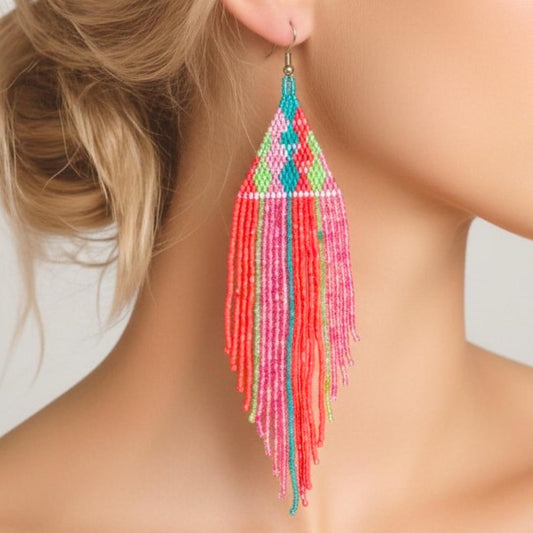 Turquoise Coral Fringe Earrings, Boho Beaded Statement Jewelry, Long Drop Earrings