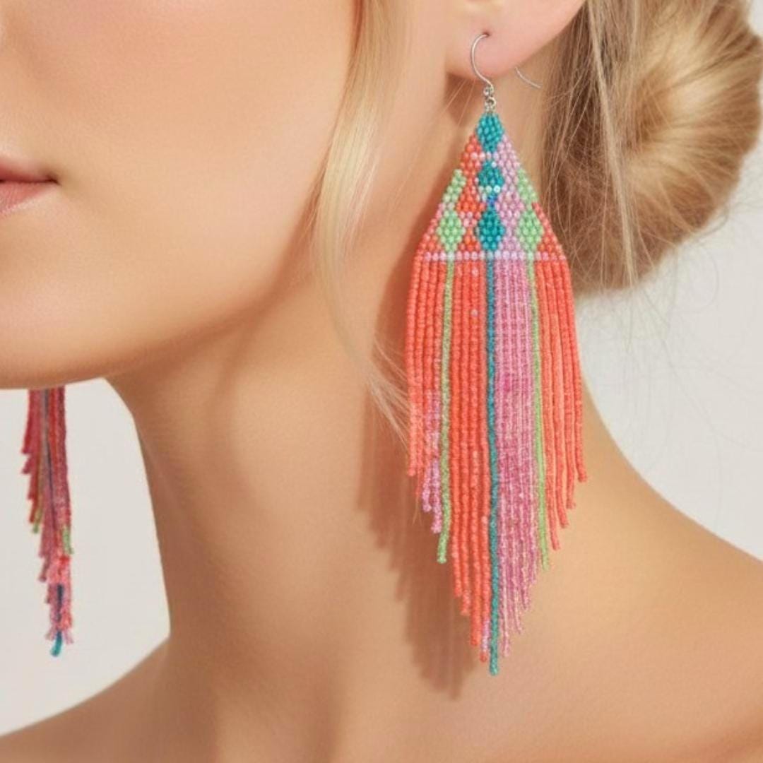 Turquoise Coral Fringe Earrings, Boho Beaded Statement Jewelry, Long Drop Earrings