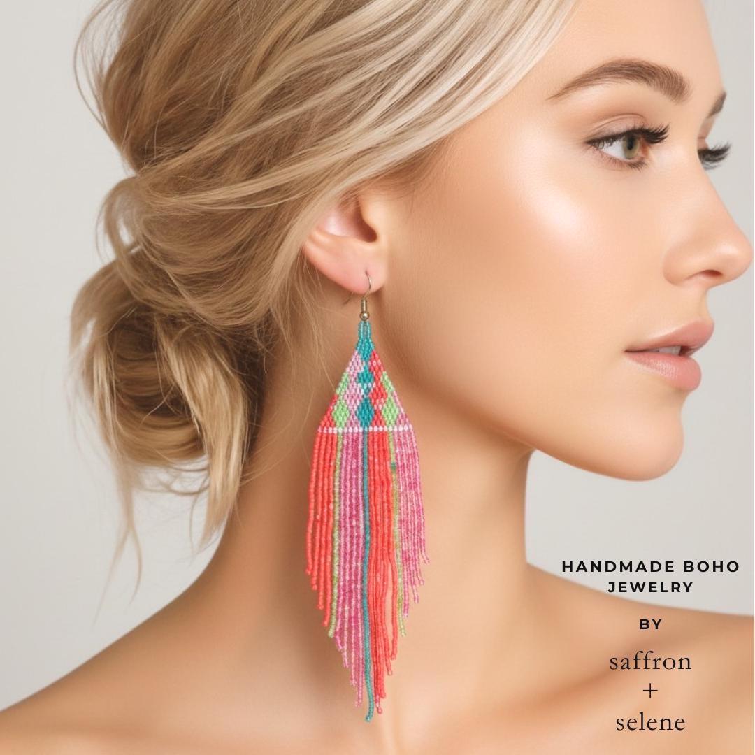 Turquoise Coral Fringe Earrings, Boho Beaded Statement Jewelry, Long Drop Earrings