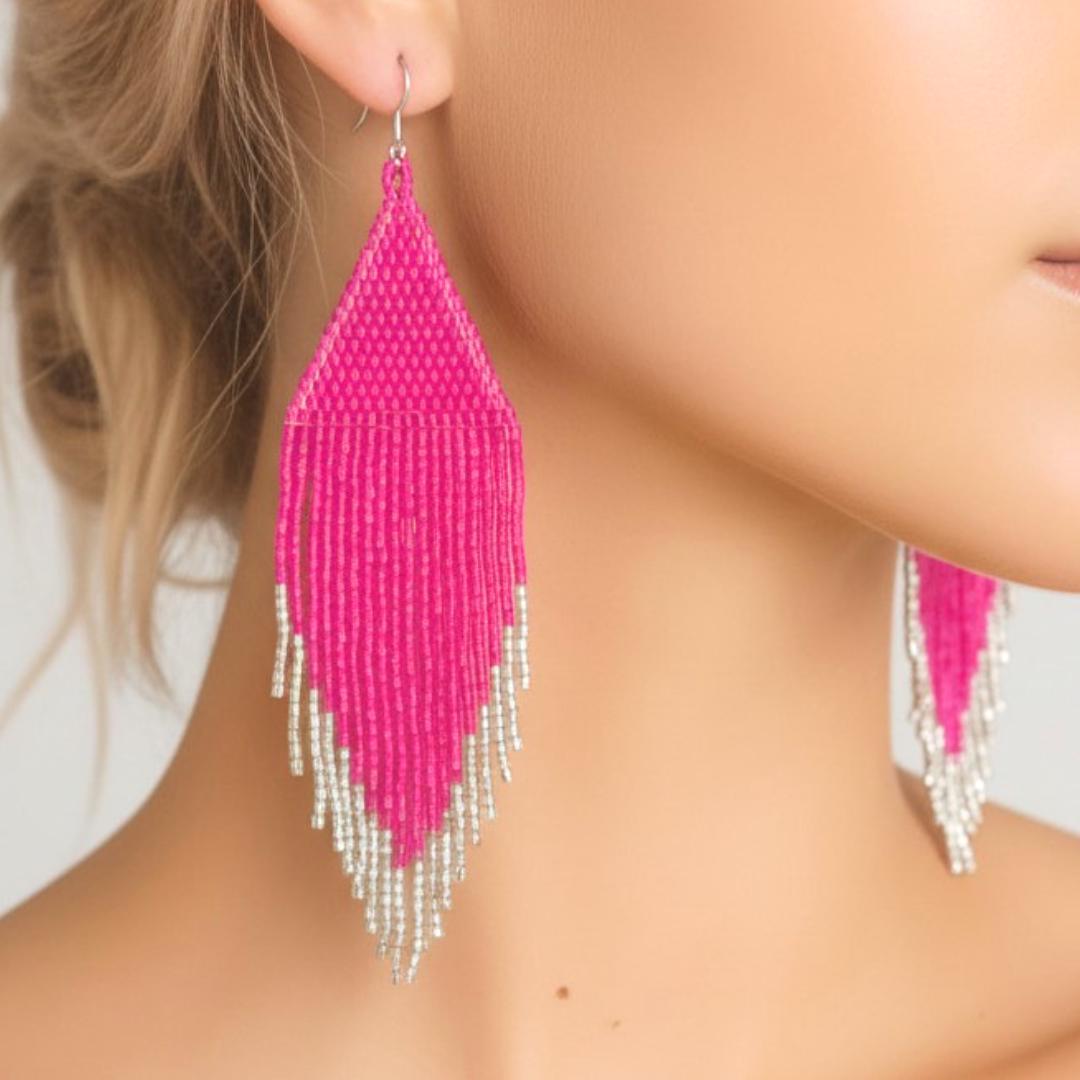 Fushia Pink Fringe Beaded Statement Earrings – Boho Seed Bead Drop Festival Jewelry