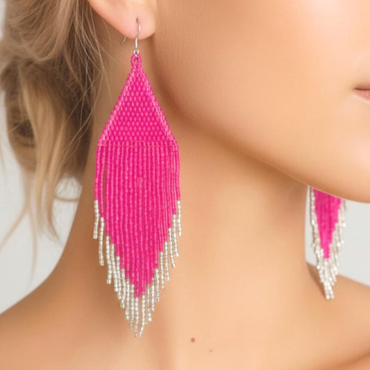 Fushia Pink Fringe Beaded Statement Earrings – Boho Seed Bead Drop Festival Jewelry