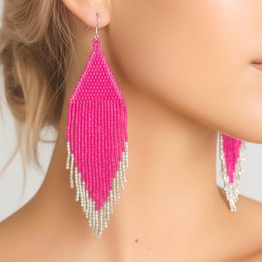 Handmade fuchsia fringe earrings with iridescent seed beads