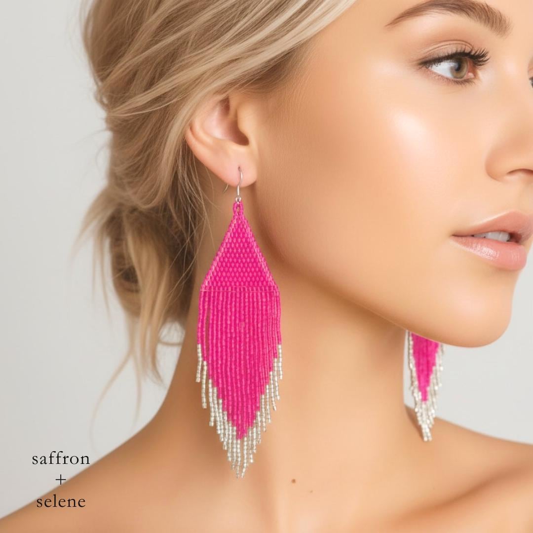 Fushia Pink Fringe Beaded Statement Earrings – Boho Seed Bead Drop Festival Jewelry