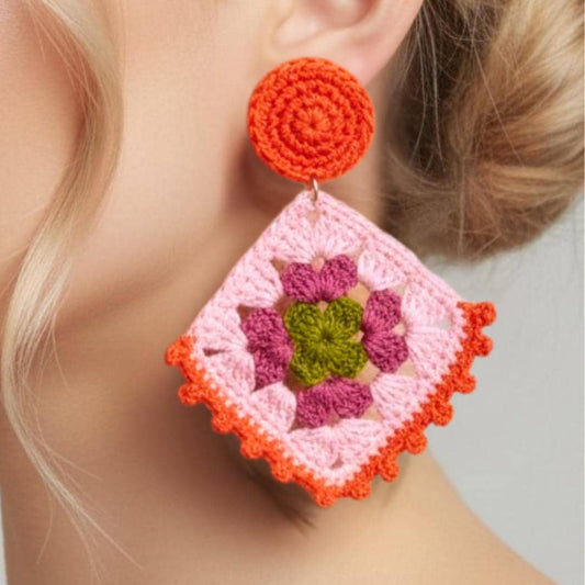 Handmade Granny Square Crochet Earrings: Boho Statement Dangles