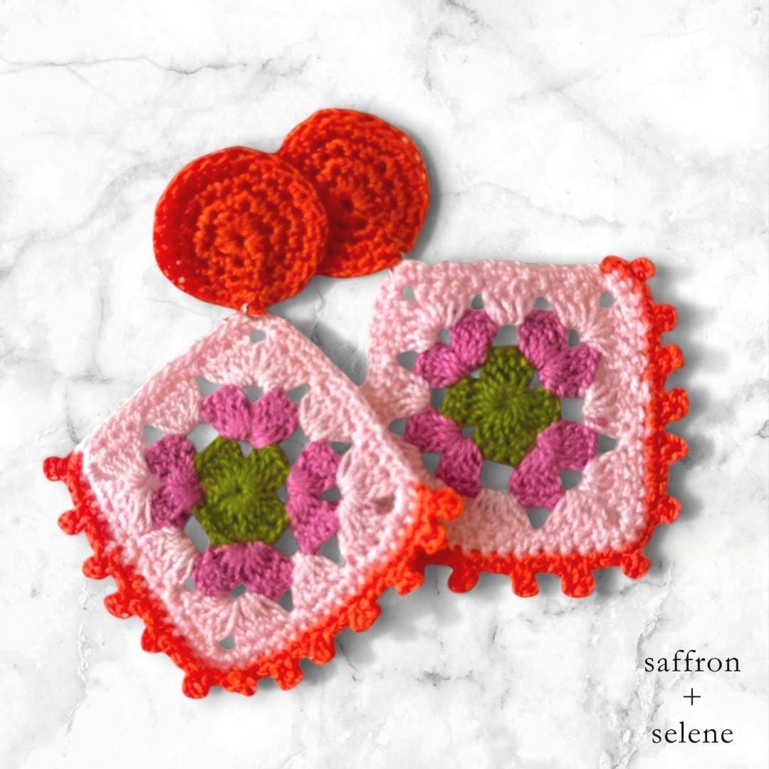 Handmade Granny Square Crochet Earrings: Boho Statement Dangles