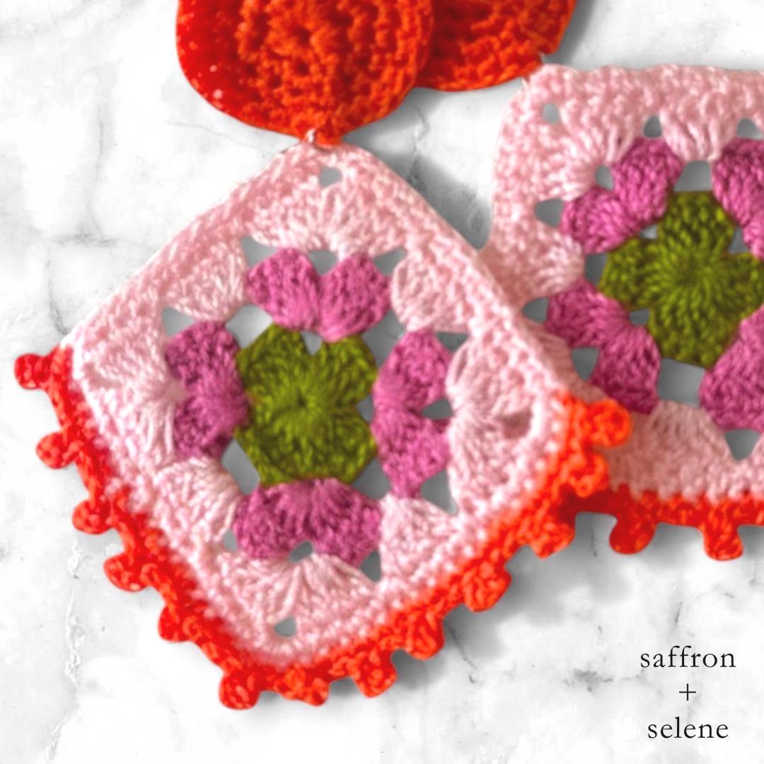 Handmade Granny Square Crochet Earrings: Boho Statement Dangles