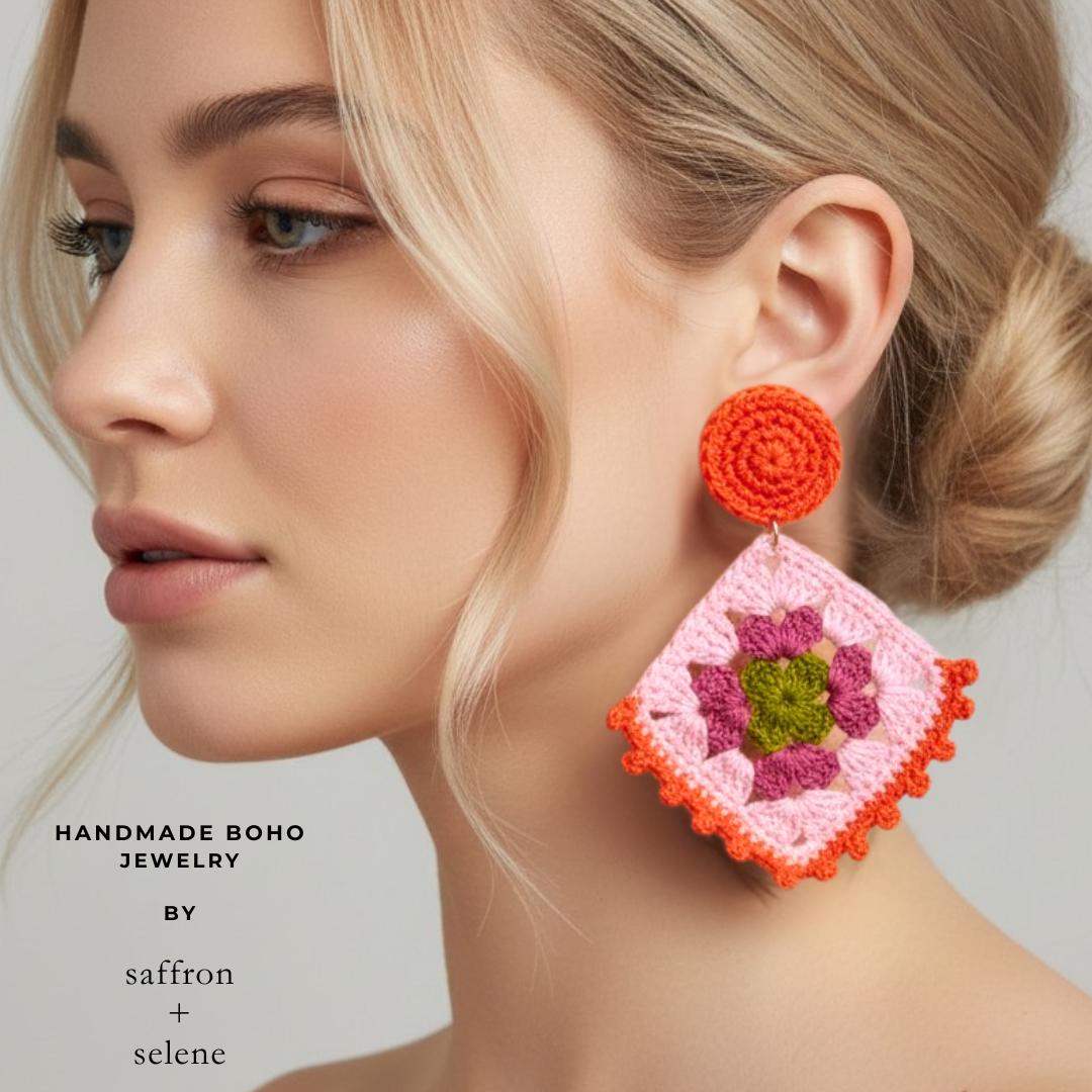 Handmade Granny Square Crochet Earrings: Boho Statement Dangles