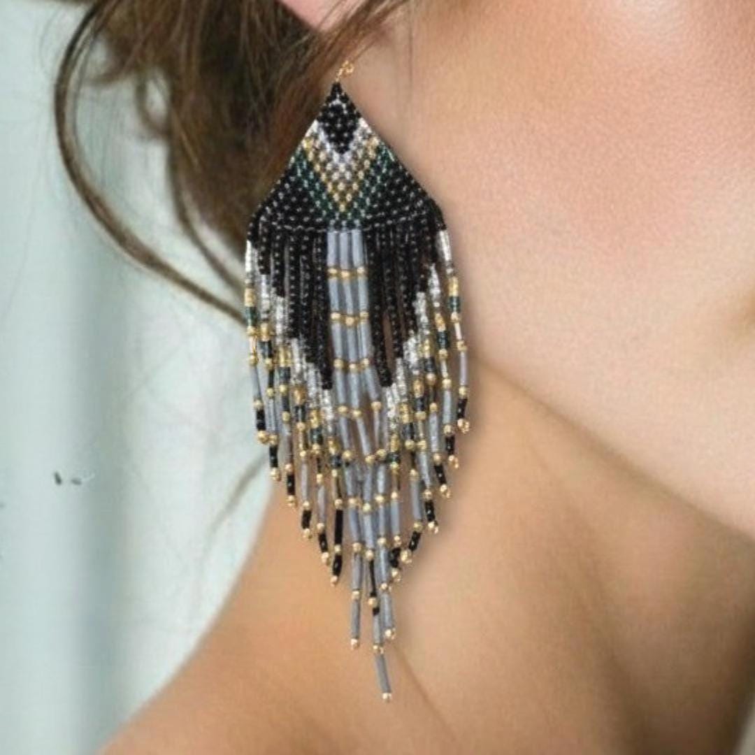 Handwoven Seed Bead Fringe Earrings – Aztec Feather Design, Boho Statement Jewelry