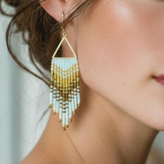 Handwoven Seed Bead Fringe Earrings – Ombre Gold, Bronze, White Statement Jewelry