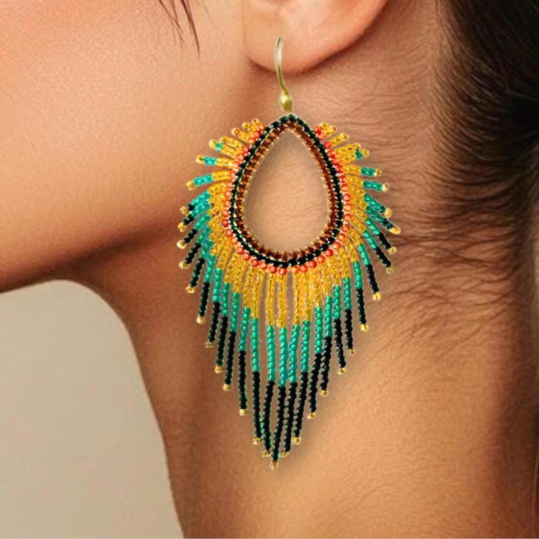 Turquoise Statement Earrings Bold Fringe Beaded Jewelry Festival Boho Earrings