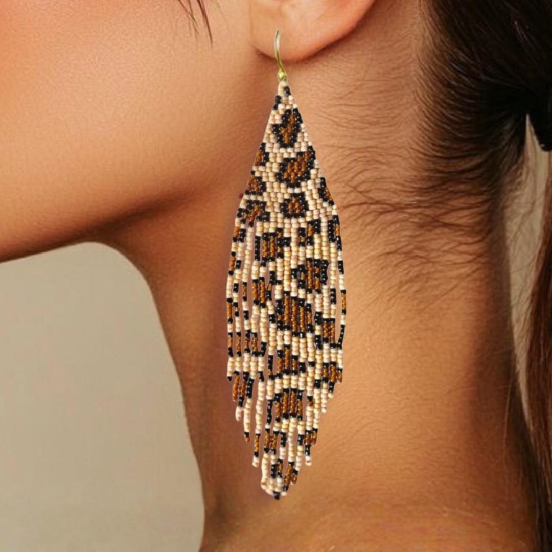 Leopard Print Seed Bead Fringe Earrings: 4-Inch Drops - handmade jewelry gifts for her
