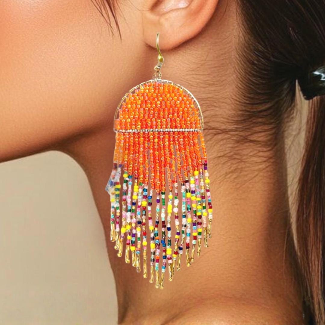 Orange Seed Bead Fringe Earrings: Boho Gold Accent Statement Jewelry Gifts for her