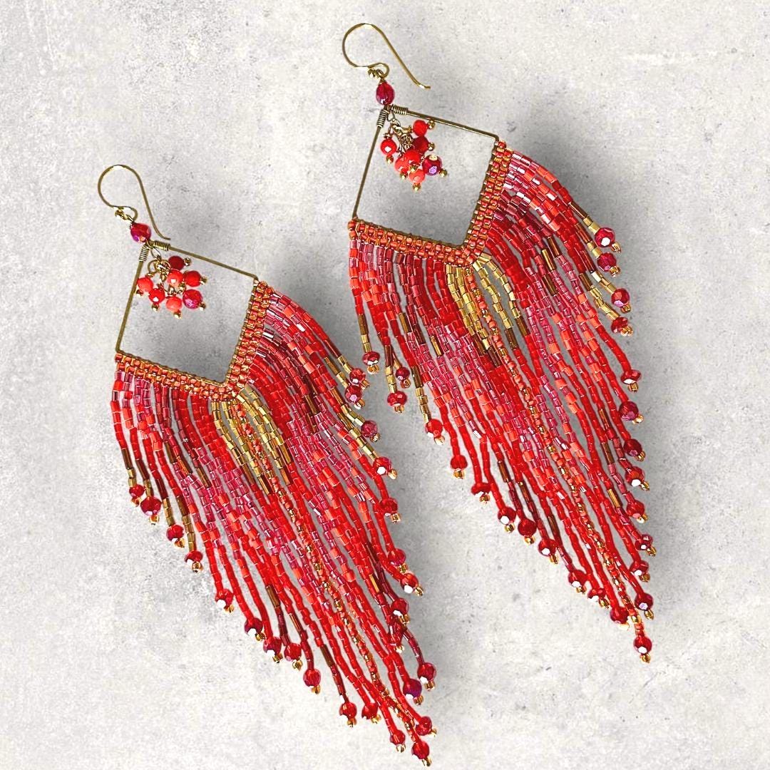 Beaded Fringe Earrings Boho Statement Handmade Long Drop Dangle Jewelry Gift for Her