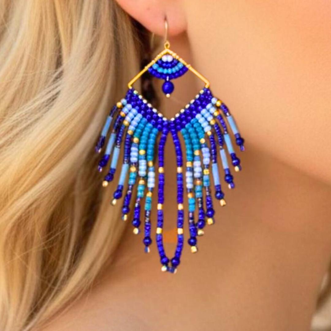 Blue Beaded Fringe Statement Earrings: Lapis Azure blue, turquoise Boho Aztec feather dangle design