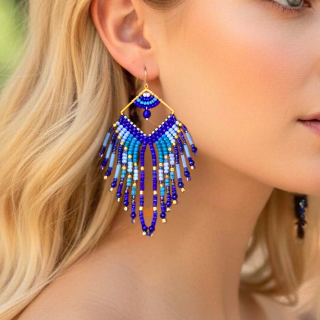 Blue Beaded Fringe Statement Earrings: Lapis Azure blue, turquoise Boho Aztec feather dangle design