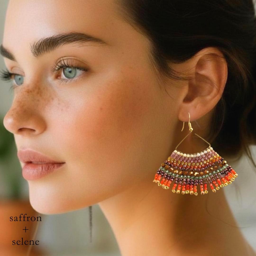 Handmade Seed Bead Fringe Earrings: Bronze Bird Wing Boho Jewelry