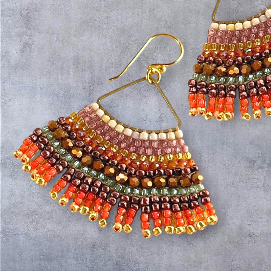 Handmade Seed Bead Fringe Earrings: Bronze Bird Wing Boho Jewelry
