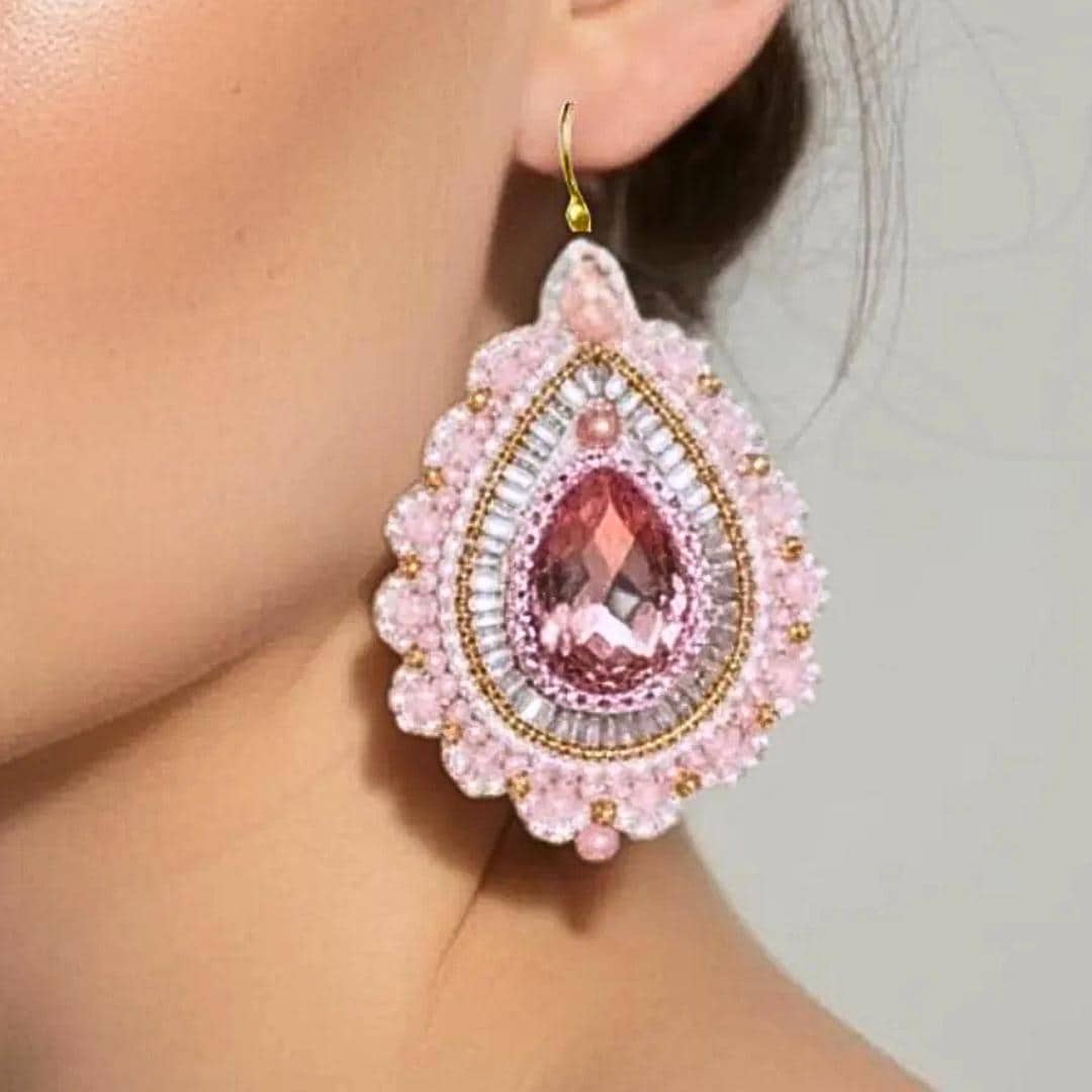 Pale Pink Crystal Teardrop Earrings: Hand Beaded Boho Dangles, jewelry gifts for her