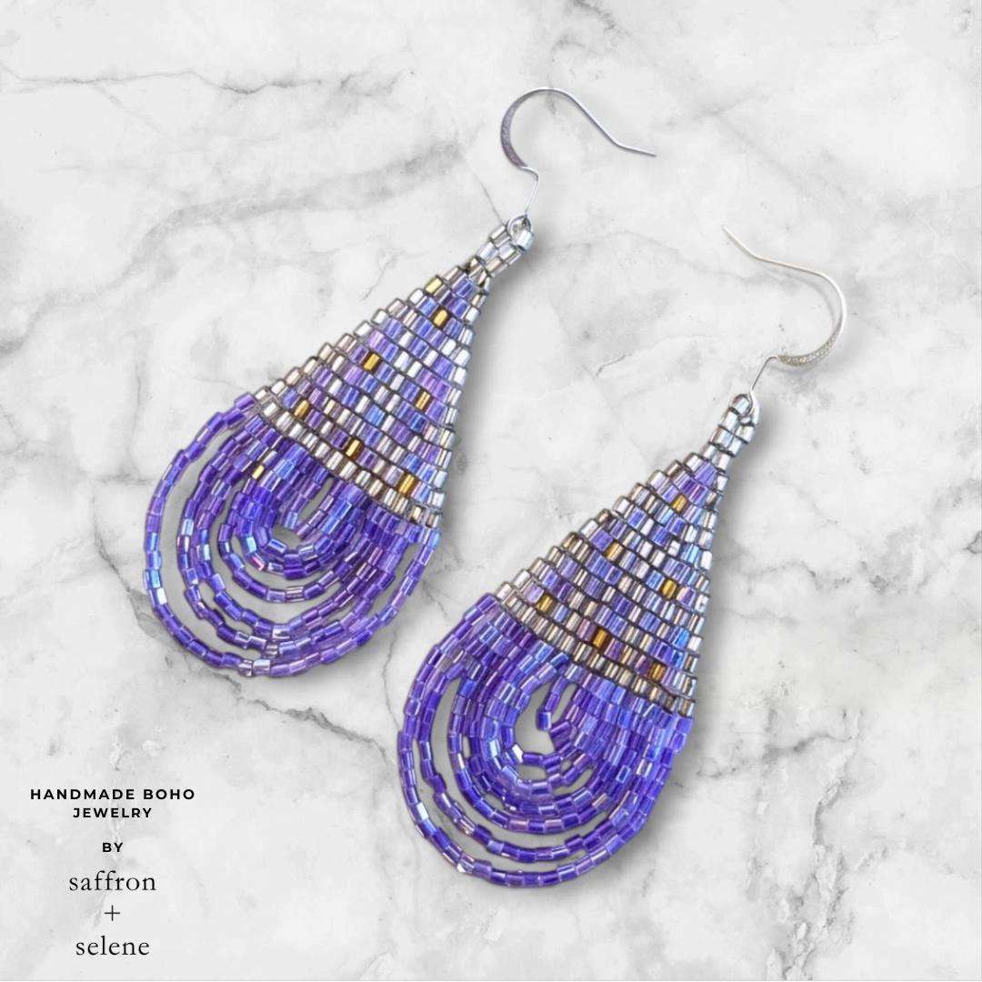 Purple Beaded Teardrop Earrings: Handwoven Boho Dangles - jewelry gift for her