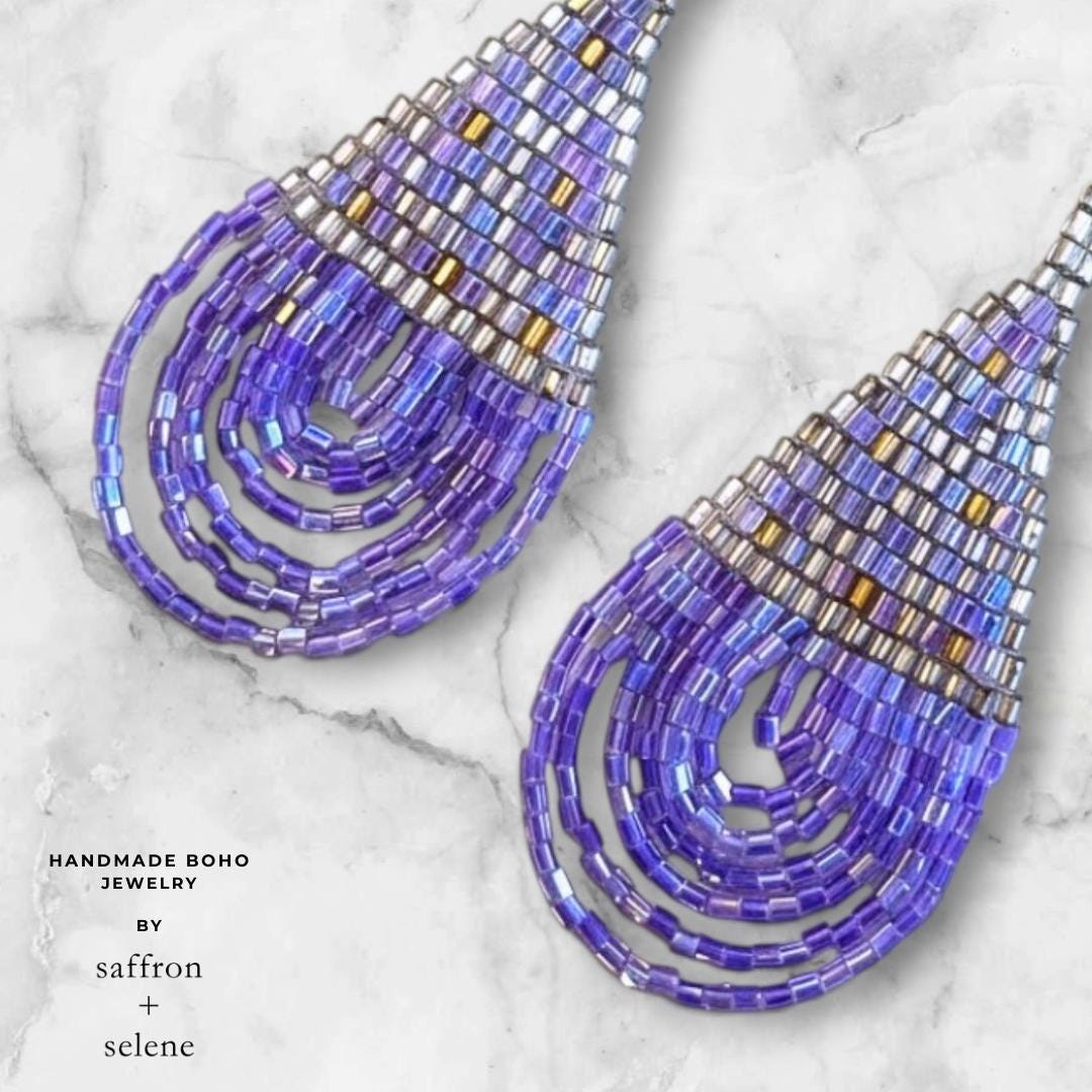 Purple Beaded Teardrop Earrings: Handwoven Boho Dangles - jewelry gift for her