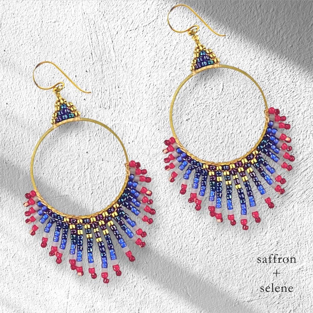 Patriotic Earrings: Red, White & Blue Flag boho fringe Gold Jewelry