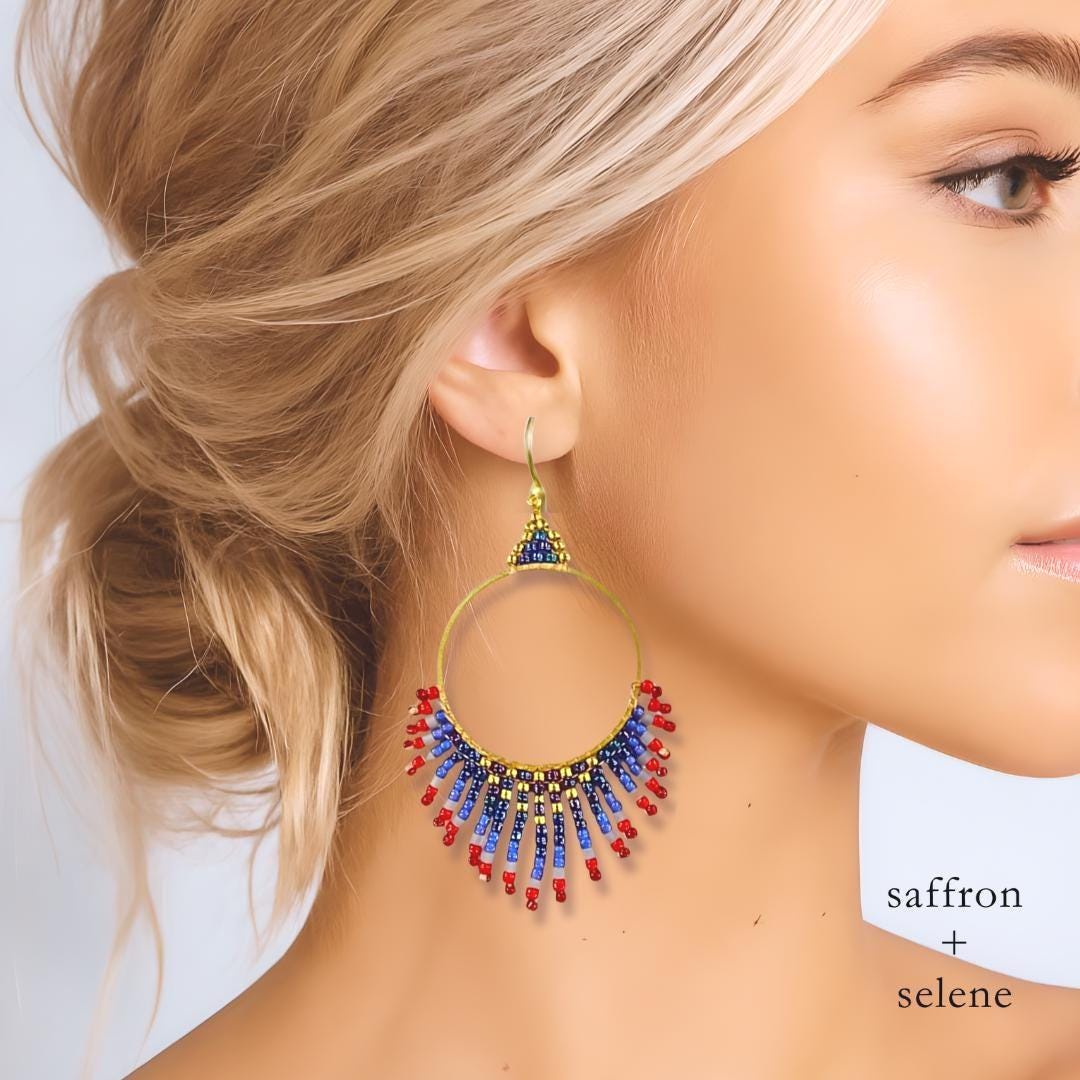 Patriotic Earrings: Red, White & Blue Flag boho fringe Gold Jewelry