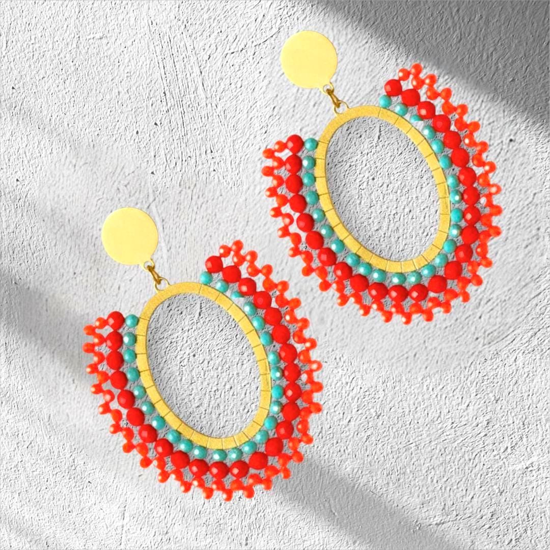 Handmade Seed Bead Dangle Earrings: Coral, Red, Turquoise, Gold - Jewelry Gifts for her