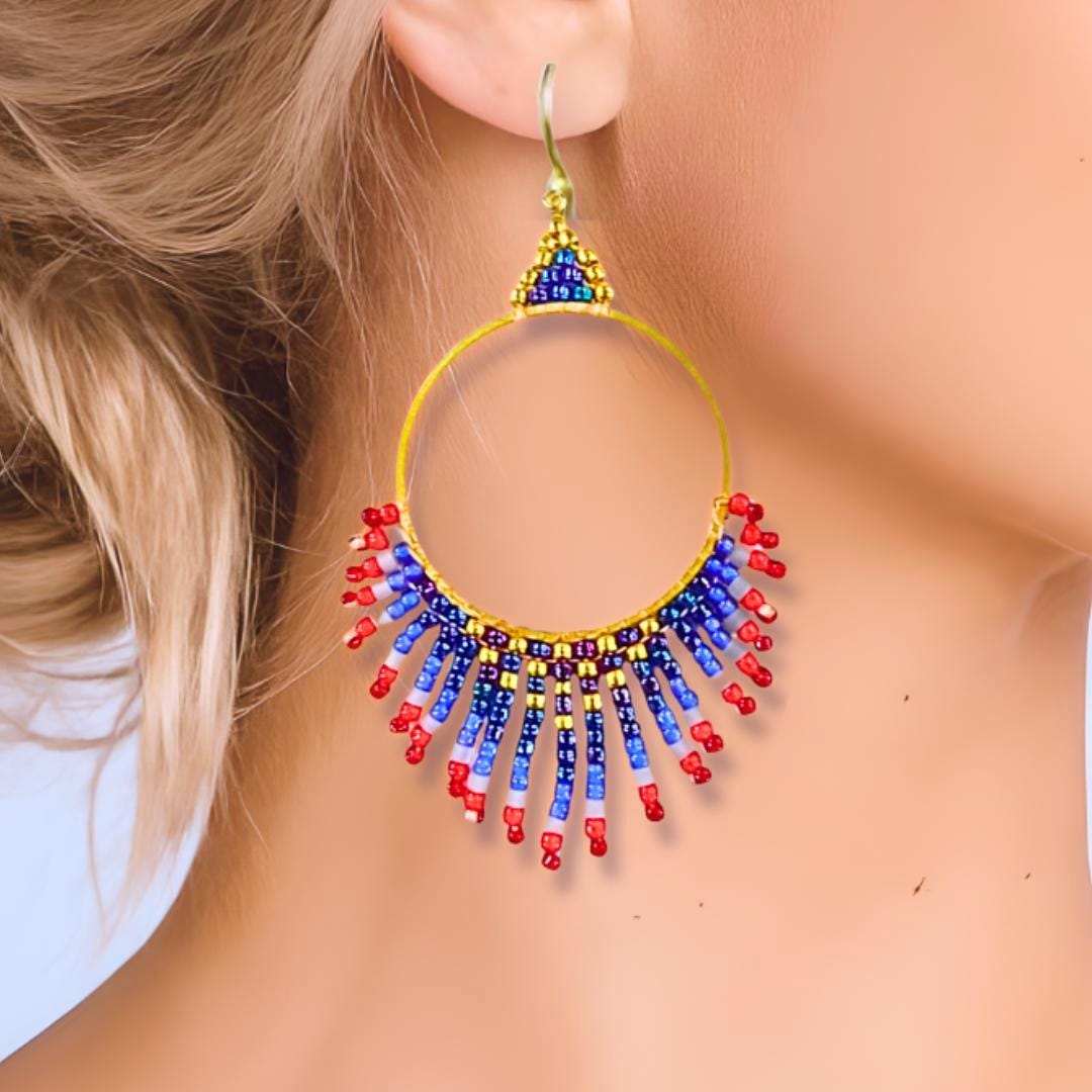 Patriotic Earrings: Red, White & Blue Flag boho fringe Gold Jewelry