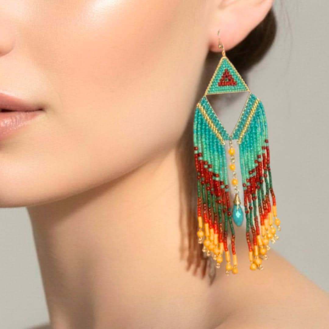 Turquoise Beaded Fringe Statement Earrings – Boho Drop Dangle Handmade Jewelry